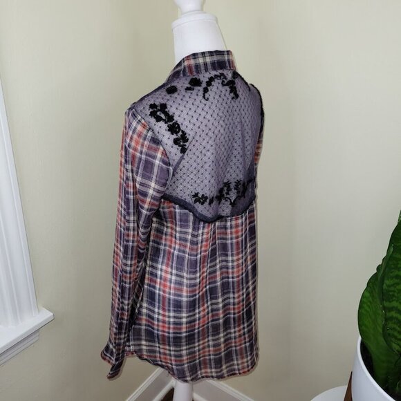 Free People Floral Lace Insert Plaid Cotton Top Long Sleeve Women's Size S - Picture 4 of 13